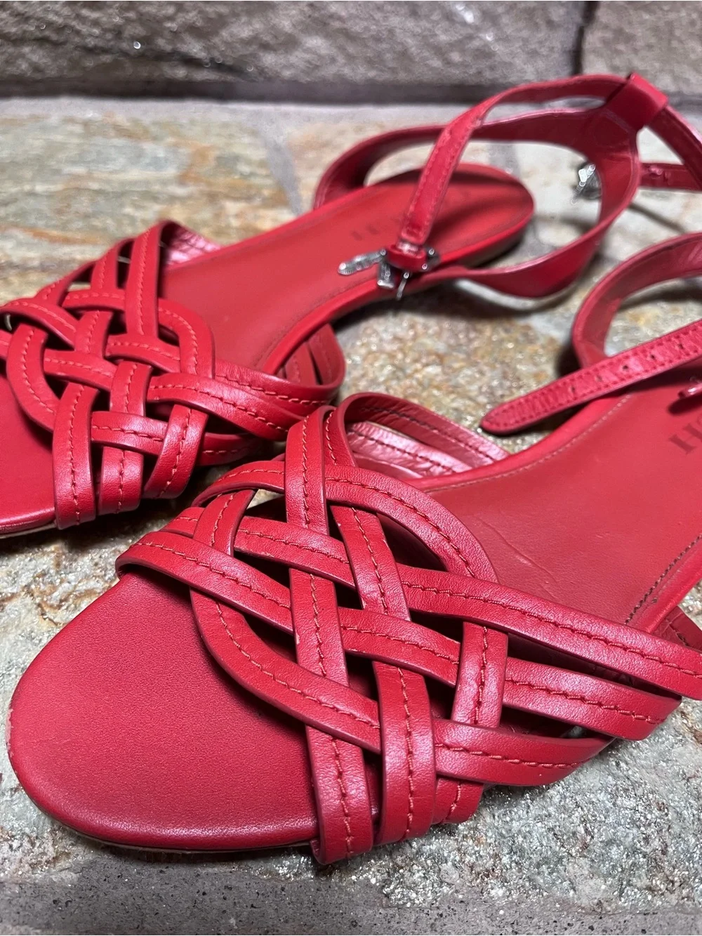Coach red leather braided ankle strap sandals 8.5